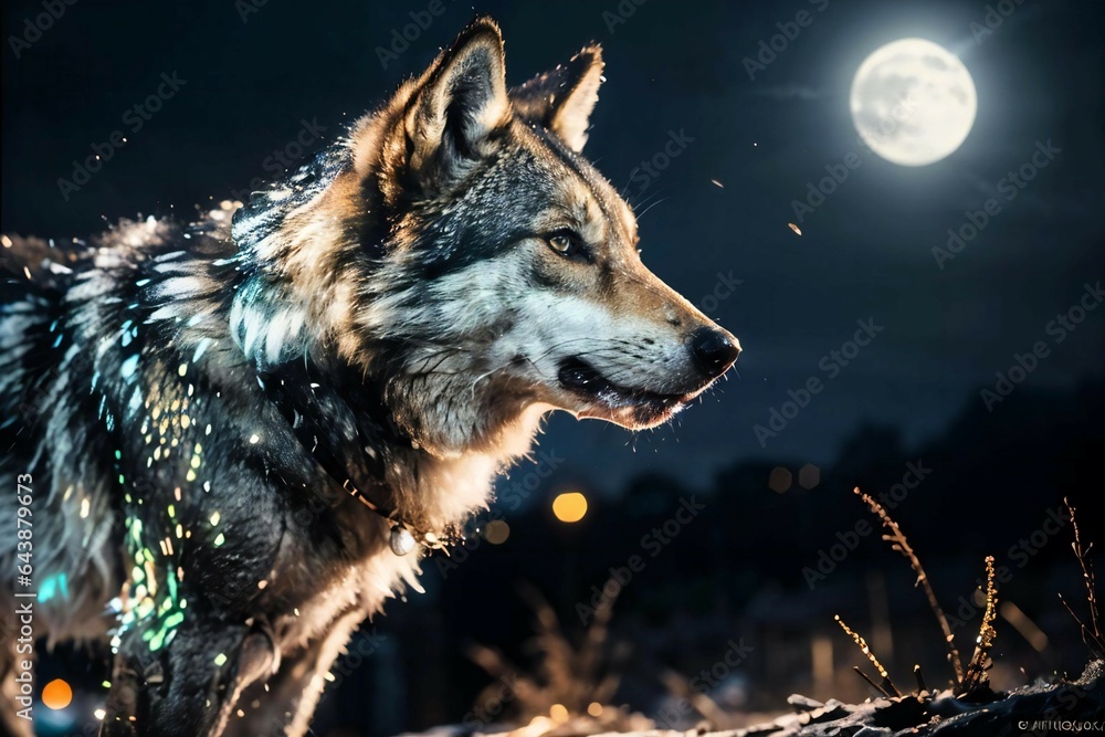 Close up shot Wolf scaring, moonlight, cinematic shot