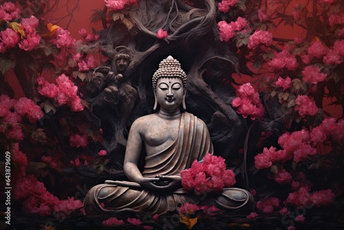 Buddha statue with red flowers background.Generative Ai