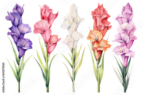 Photographie Watercolor image of a set of gladiolus flowers on a white background