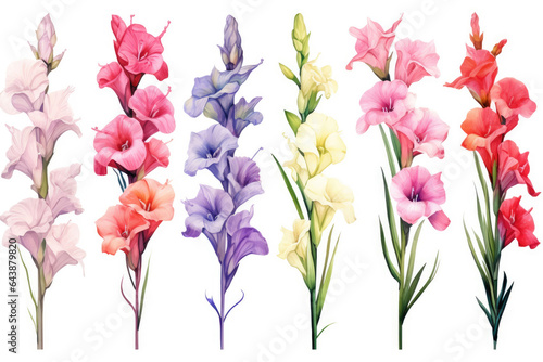 Papier peint Watercolor image of a set of gladiolus flowers on a white background