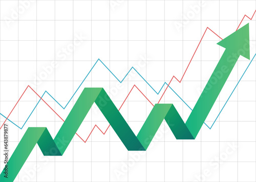 green stock market arrow business graph growing pointing up on economic chart icon trending upwards financial board rises with two lines graphs