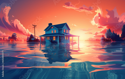 House on the water. Flood illustration. 