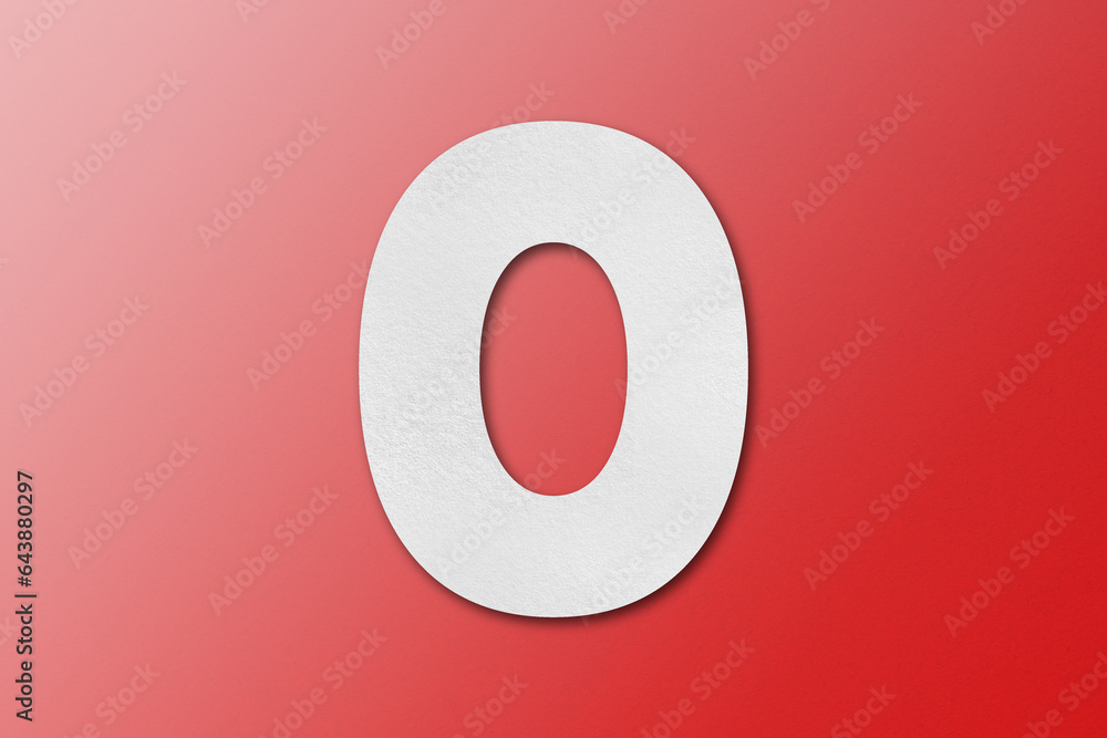 White paper font number 0 isolated on red background.