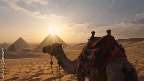Camel with Colorful Saddle Back and the Great Sphinx of Giza at Golden Sunrise in the Desert.
