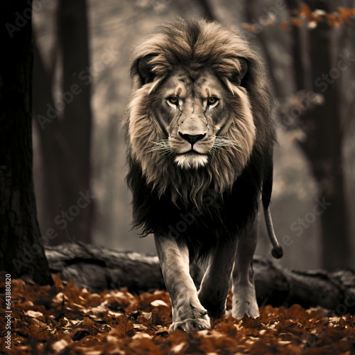 Black an white Image of lion walking in forest.