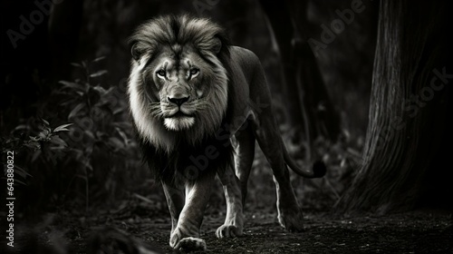 Black an white Image of lion walking in forest.
