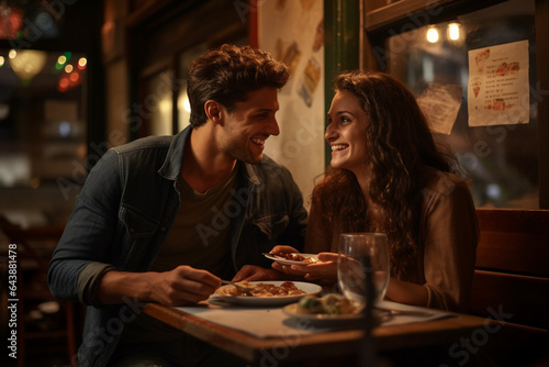 Lifestyles, relationship concept. Beautiful couple take dinner in cozy restaurant. Two young happy people spending time together. Generative AI