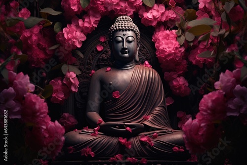 Buddha statue surrounded by pink peony flowers on dark background.Generative Ai © Rudsaphon