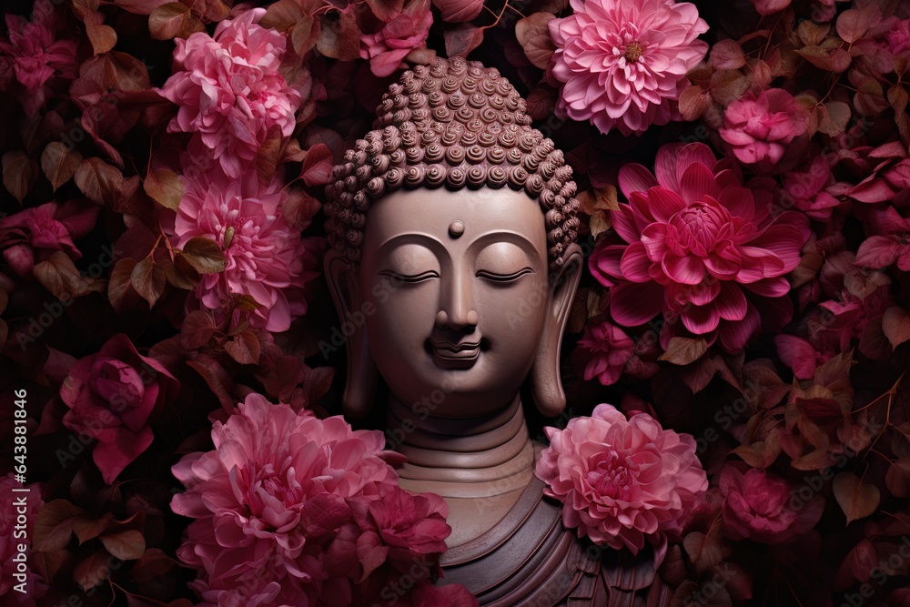 Buddha statue surrounded by pink peony flowers on dark background.Generative Ai Buddha statue surrounded by pink peony flowers on dark background.Generative Ai