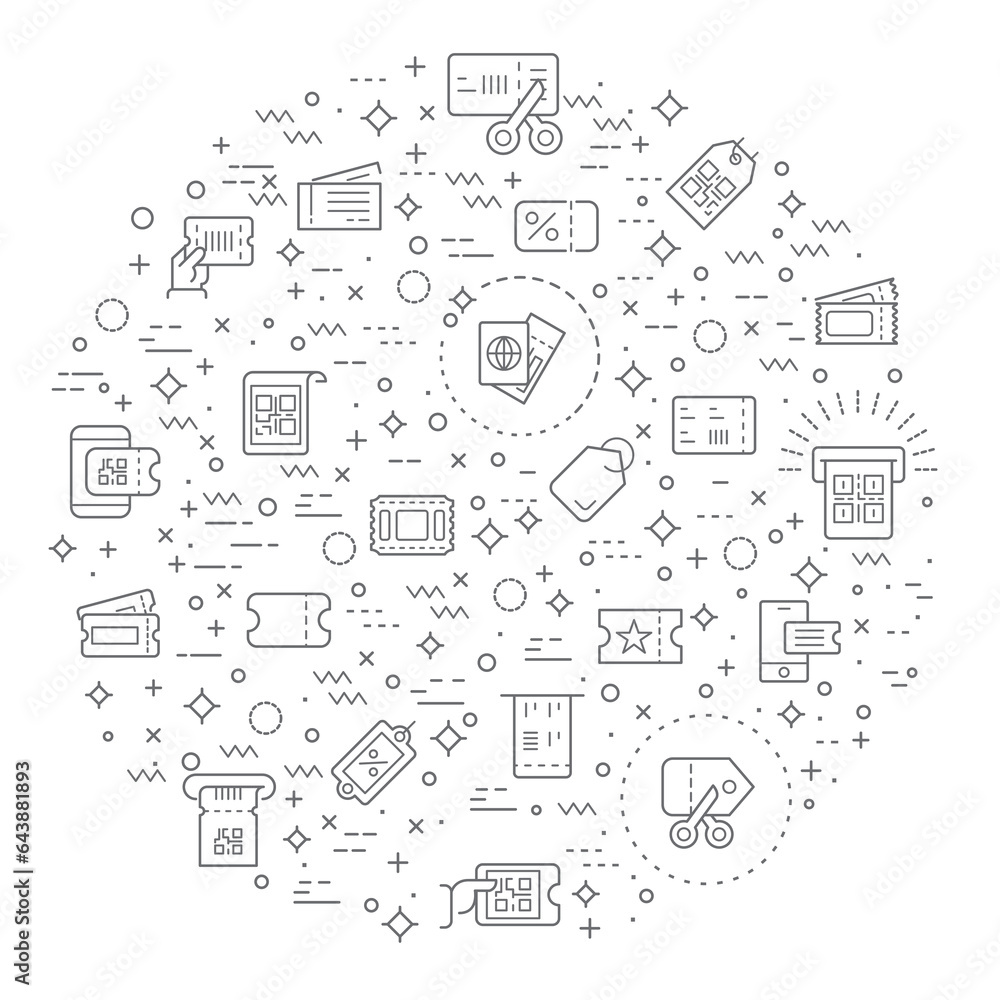 Simple Set of Ticket Related Vector Line Illustration. Contains such Icons as shopping, e-commerce, sales, transport, travel, label, coupon, paper, seat, pass and Other Elements. Simple Set of Ticket Related Vector Line Illustration. Contains such Icons as shopping, e-commerce, sales, transport, travel, label, coupon, paper, seat, pass and Other Elements.