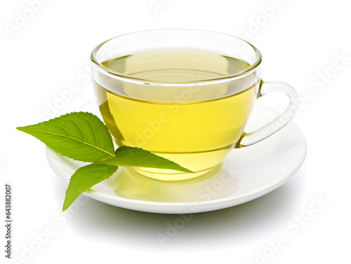 Cup with green tea and green leaves isolated on white background