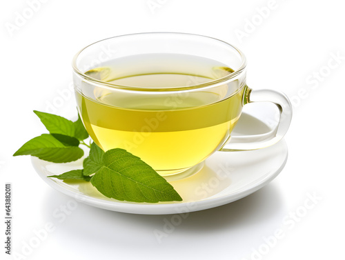 Cup with green tea and green leaves isolated on white background