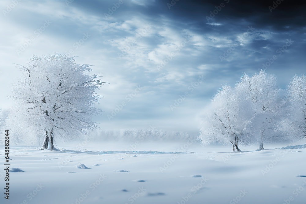 Fototapeta premium A captivating background image showcasing snow-covered trees with frosty branches under the enchantment of fluffy clouds above. Photorealistic illustration, Generative AI