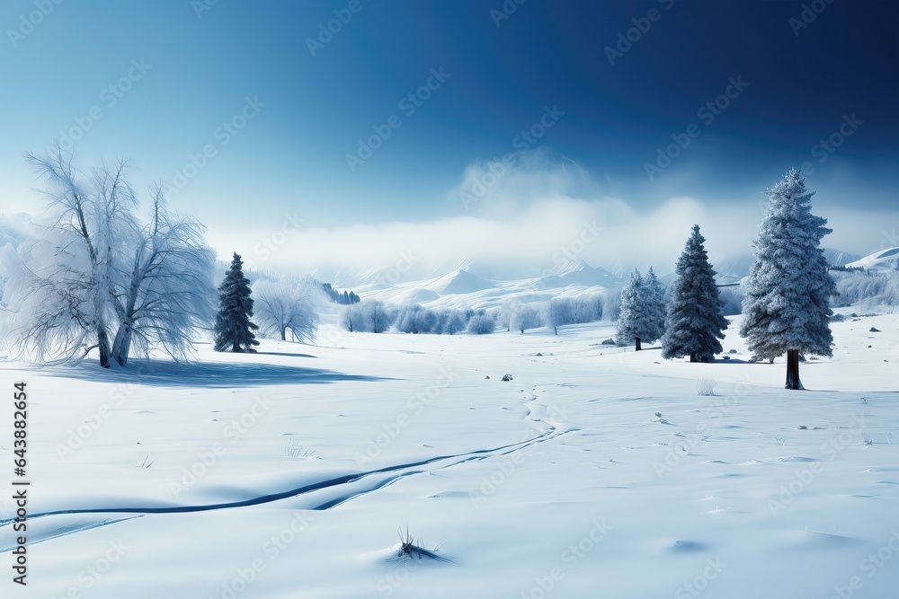 A background image portraying a snow-covered downhill scene with trees lining the path and distant mountains completing the panorama. Photorealistic illustration, Generative AI
