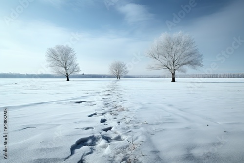 A background image for creative content featuring a wide open snow-blanketed landscape with trees and visible footprints in the snow. Photorealistic illustration, Generative AI