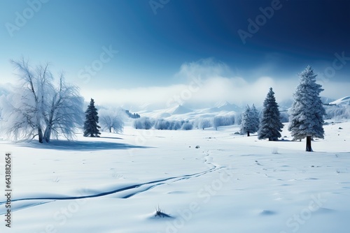 A background image portraying a snow-covered downhill scene with trees lining the path and distant mountains completing the panorama. Photorealistic illustration, Generative AI © DIMENSIONS