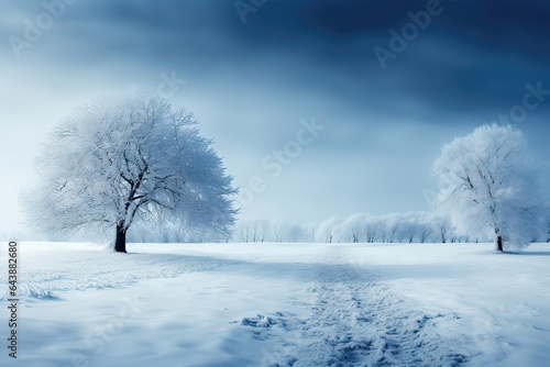 A background image of a snow-blanketed landscape with a path winding between two trees, creating a serene winter scene. Photorealistic illustration, Generative AI © DIMENSIONS