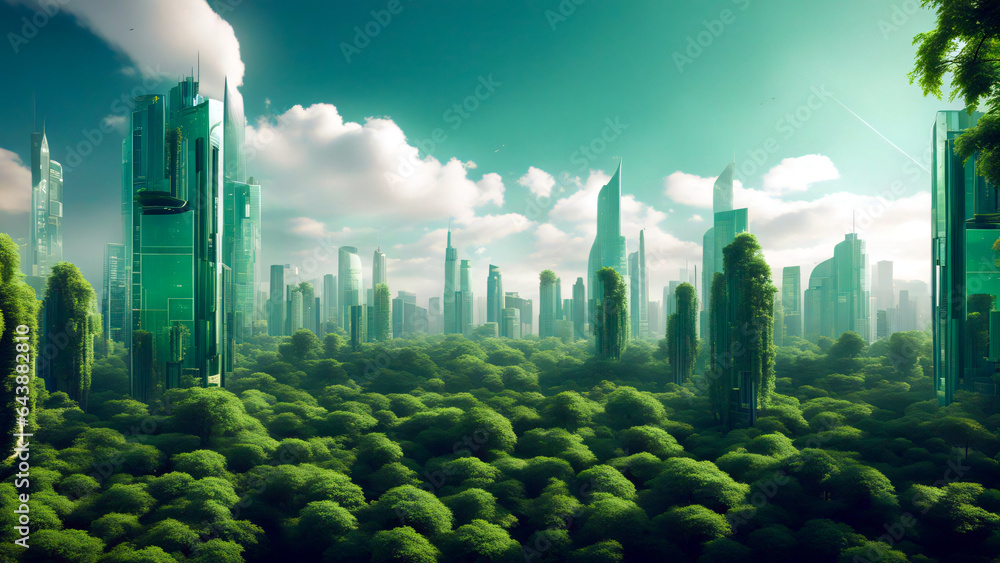 Grünes Leben in der Zukunft. Stadt und Land kommen zusammen für ein gesundes Leben. 3d render mit künstlicher Intelligenz - obrazy, fototapety, plakaty 