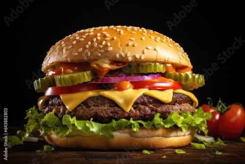 Close-up of a large hamburger stuffed with delicious meat. Generative ai