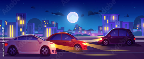 Night city street road with building vector scene. Modern 2d urban panoramic landscape view on highway traffic with headlight beam and skyscraper architecture exterior. Full moon light in town sky