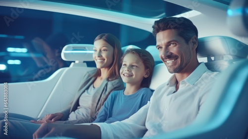 Family rides in a self-driving car controlled by an artificial intelligence autopilot. Future technologies, internet of things and smart devices concept.