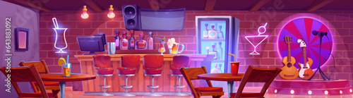 Cartoon bar with counter interior vector illustration. Restaurant or pub with table, live guitar music and alcohol cocktail. Neon illumination in nightclub with vintage wood furniture, speaker and tv