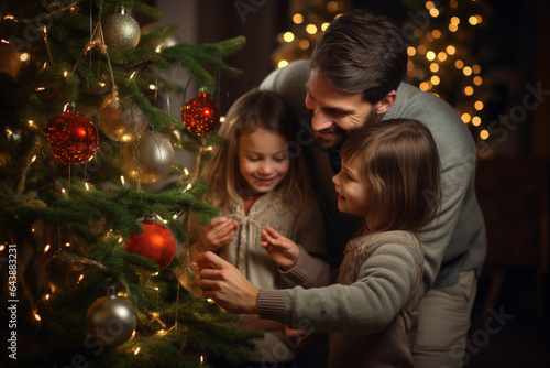 Christmas and New Year holidays concept. Happy family decorating Christmas tree with toys and garland and enjoy magical moment of Christmas eve and holidays. Generative AI