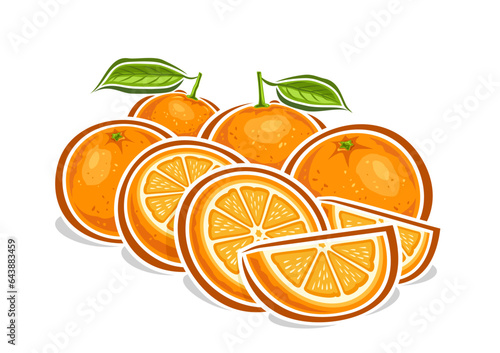 Vector logo for Oranges, decorative horizontal poster with cartoon design fruity orange still life composition, fruit print with whole and chopped circle parts of ripe raw oranges with green leaves