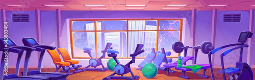 Fitness gym interior vector sport workout room with rain city view background. Weight exercise equipment with dumbbell in bodybuilding club. Bench, elliptical trainer and treadmill in wellness hall