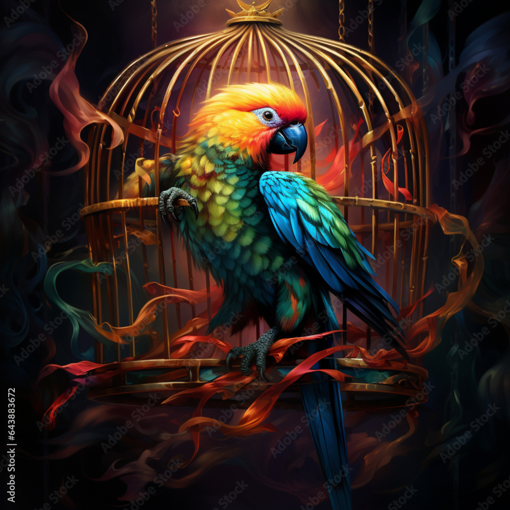 Fototapeta premium image of a bird perched on its cage, capturing the feathers and colors, optimized for merchandise printing