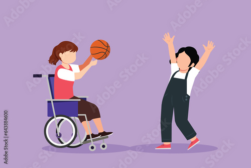 Cartoon flat style drawing of happy lifestyle of disabled people concept. Little girl in wheelchair playing ball with female friend outdoors living active lifestyle. Graphic design vector illustration