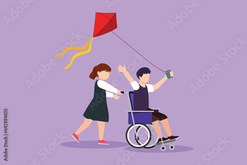 Cartoon flat style drawing happy disabled child playing kite together. Pretty little girl pushing cute boy in wheel chair with flying kite. Disabled has fun outside. Graphic design vector illustration