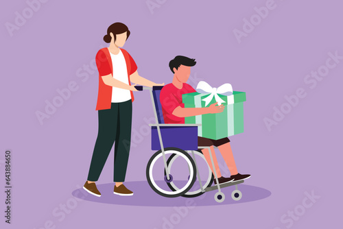Character flat drawing young female and disabled male in wheelchair. Woman shopping and give gift box to man. Disability rehabilitation, invalid people assistance. Cartoon design vector illustration