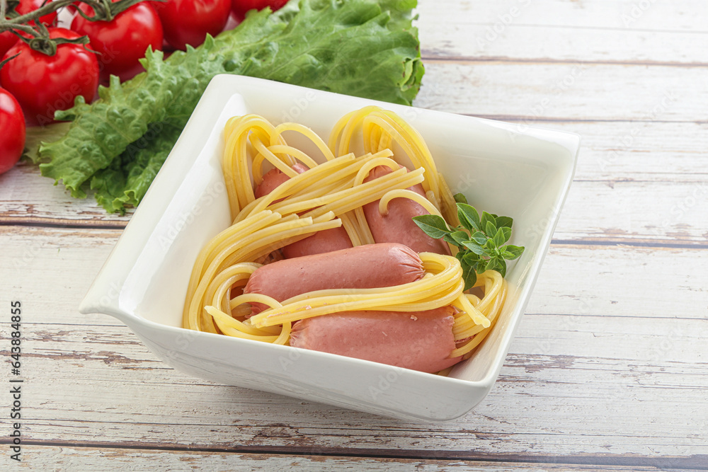 Mini sausages with pasta spaghetti Mini sausages with pasta spaghetti