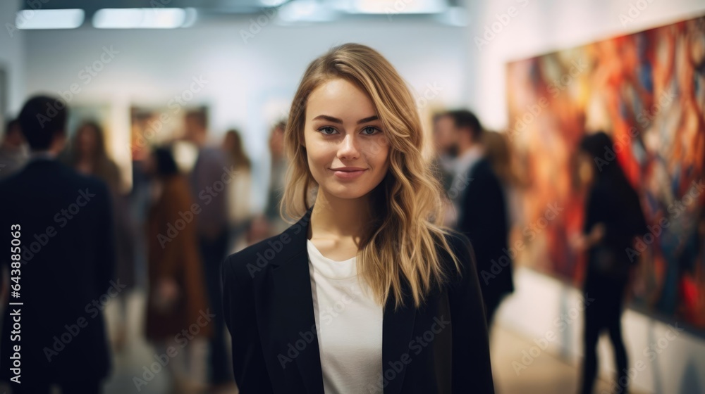 Portrait of a woman at a bustling art gallery curating exhibitions that showcase the creativity of fellow artists Portrait of a woman at a bustling art gallery curating exhibitions that showcase the creativity of fellow artists