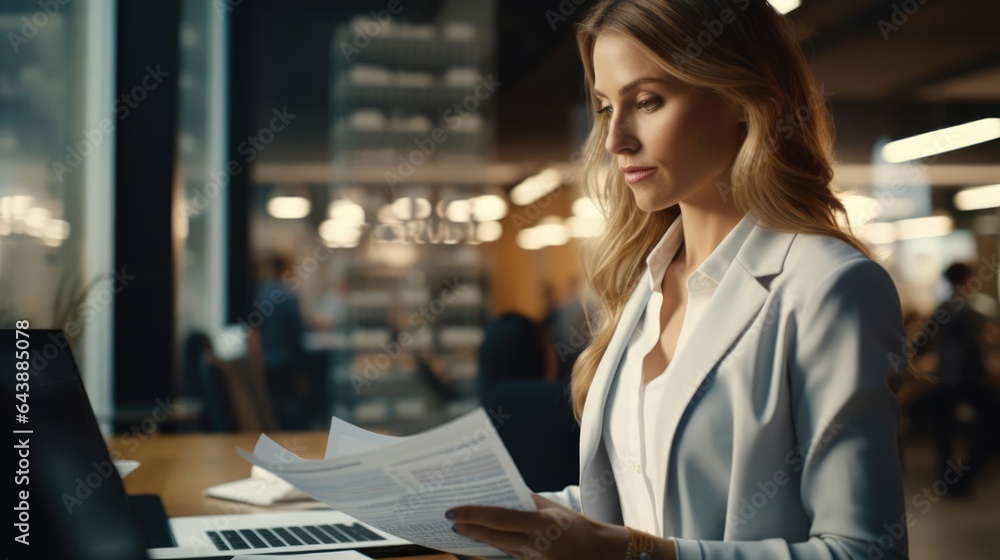 Portrait of a woman at a bustling accounting firm meticulously examining financial records and ensuring precision in every calculation Portrait of a woman at a bustling accounting firm meticulously examining financial records and ensuring precision in every calculation