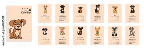 Calendar 2024 A4 with dog. Week start from Sunday. 12 months. Calendar with cute puppy colored outline. Hand drawn cute dogs. Vector illustration.