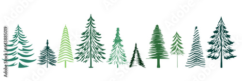Pine tree hand drawn silhouette in green colors. Set of abstract Christmas tree. Fir tree Christmas symbol collection isolated on white background. Vector illustration.