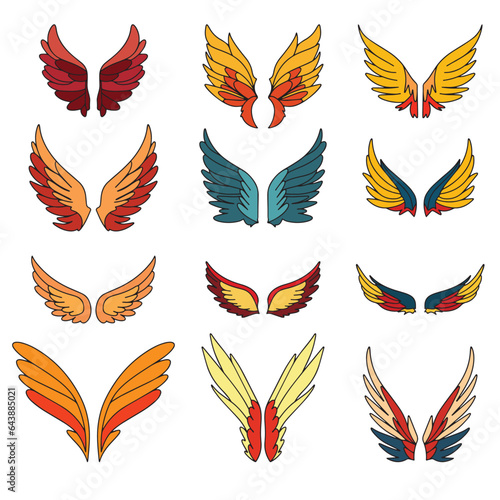 Collection of angel s wings colored outline. Hand drawn color angel wings in doodle style. Outline wings. Vector illustraiton.
