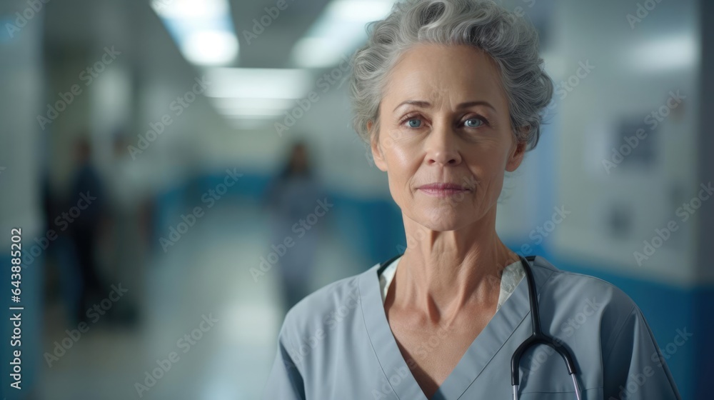 Fototapeta premium Portrait of a woman at a bustling hospital tirelessly tending to patients' needs