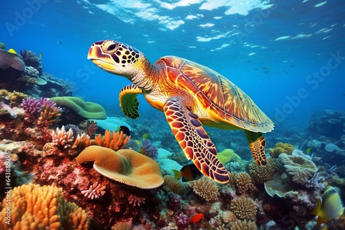 Colorful sea turtle swims through wild Pacific coral. Generative AI
