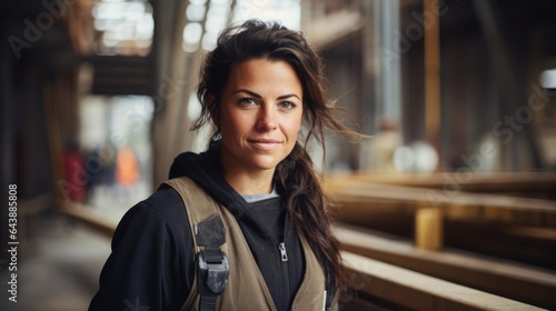 Portrait of a woman at a construction site leading a team of carpenters