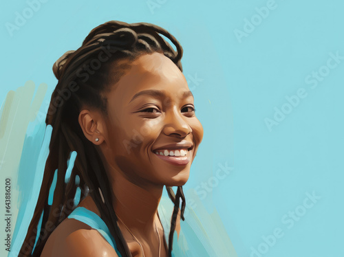 Black woman smiling against colorful blue backdrop 