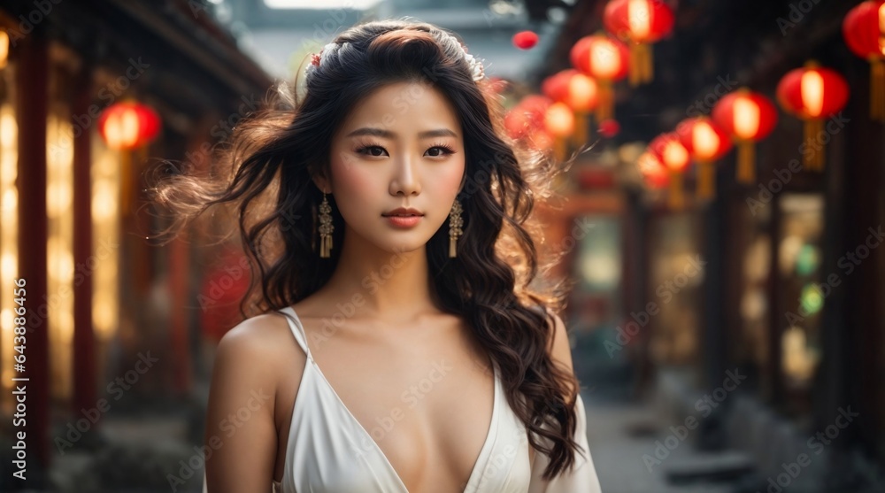 portrait of a beautiful chinese woman with white color dress looking at camera