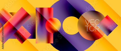 Squares and circles design. Fluid color gradients with metallic effects. Serene synergy of shapes, merging squares and circles into harmonious, captivating design