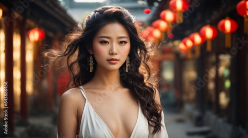portrait of a beautiful chinese woman with white color dress looking at camera © Ravindu