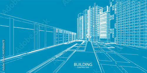 Building blue print perspective construction plan facades architectural sketch.Vector illustration