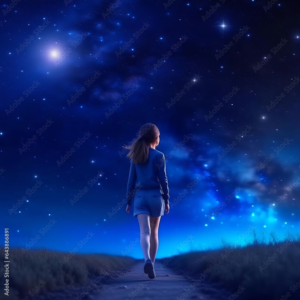 Obraz premium Abstraction, a girl walks along the road to the starry sky.