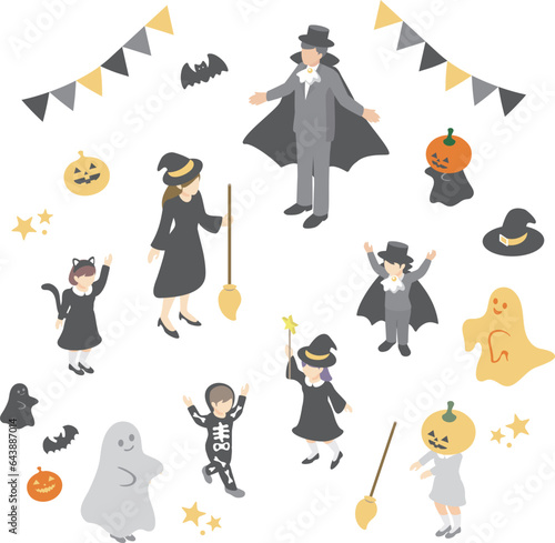 アイソメトリック　人物　家族　ハロウィン　イベント　仮装　かわいい　シンプル　イラスト素材セット