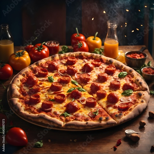 Hot pizza on a table and nearby tomatoes
